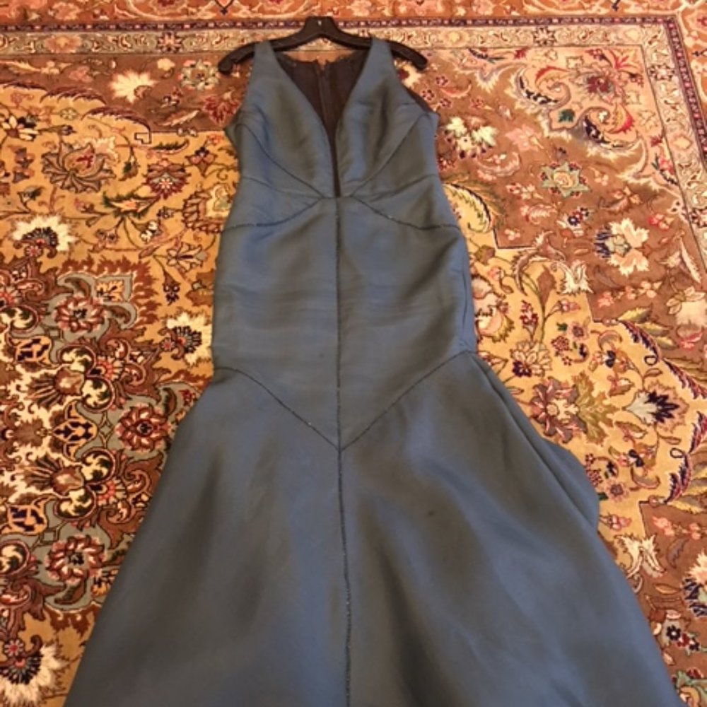 J Mendel Green Trumpet Evening Dress Gown Beads Sheer Seams Train Sz 10 Nice